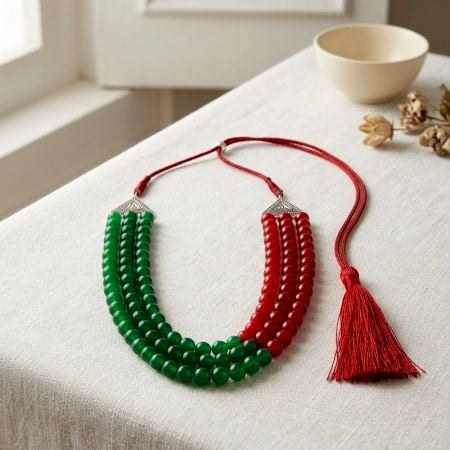 Handmade Jewelry Red Green Layered Bead Necklace